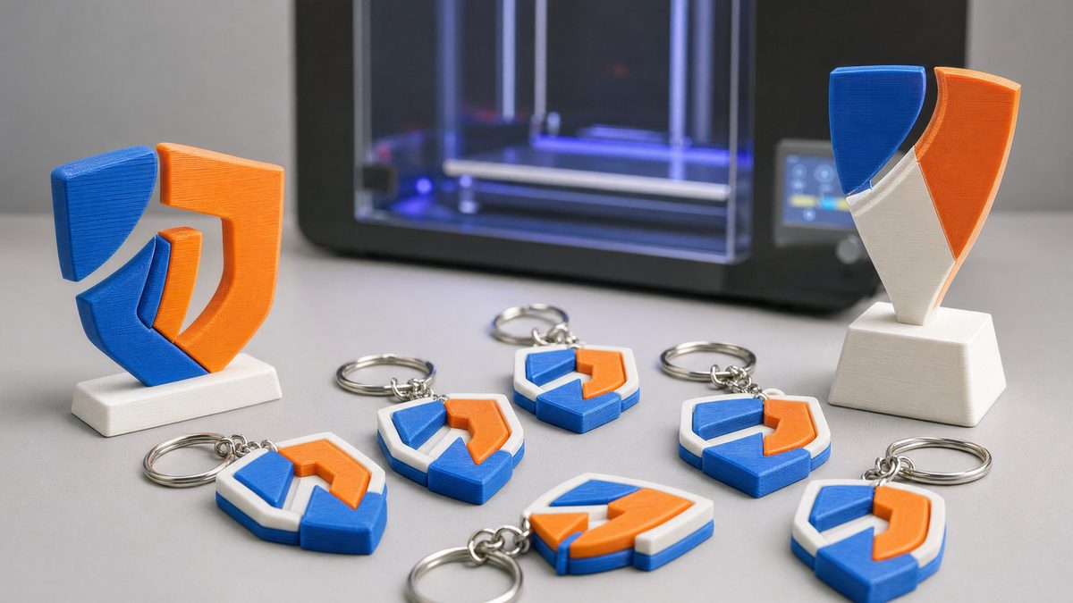 Llaveros y logo de mostrador impresos en 3D a varios colores