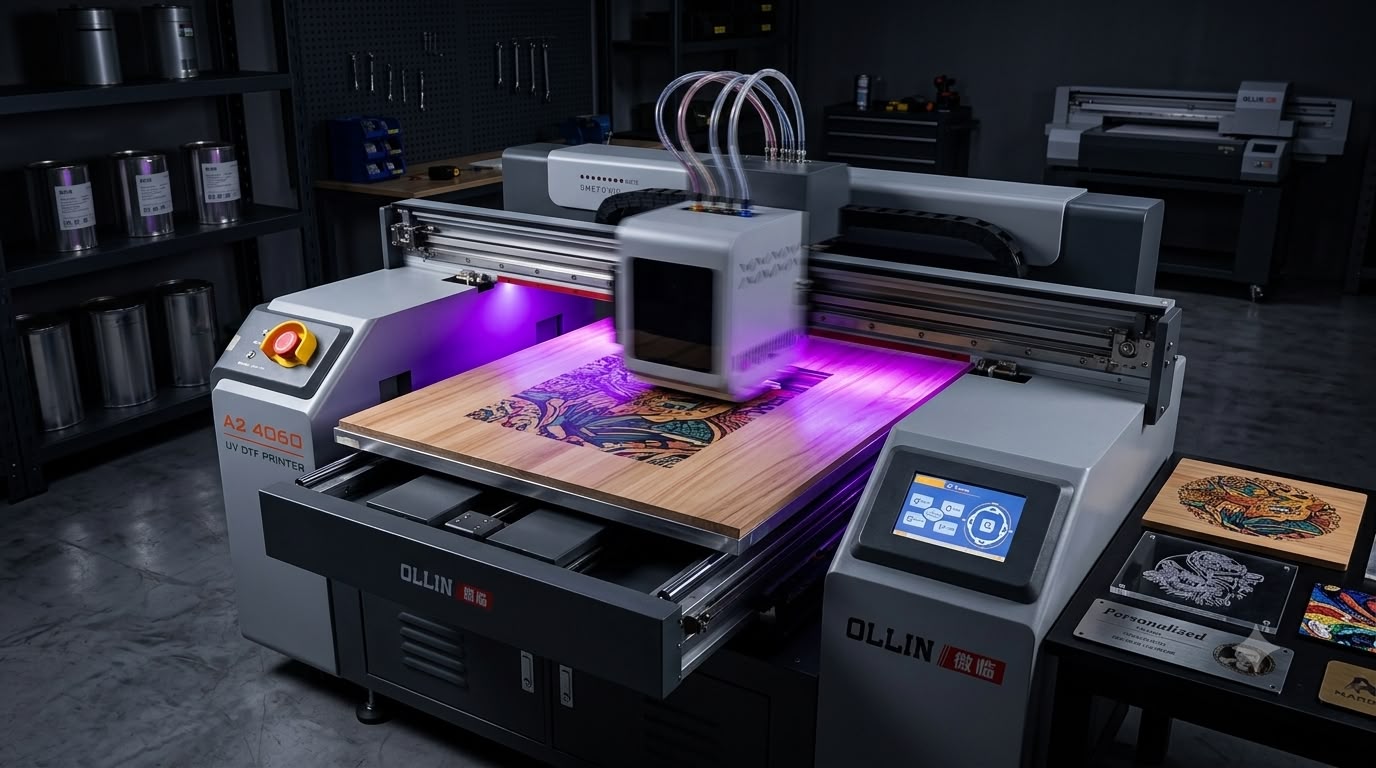 Impresora plana UV imprimiendo un diseño directo sobre una tabla de madera