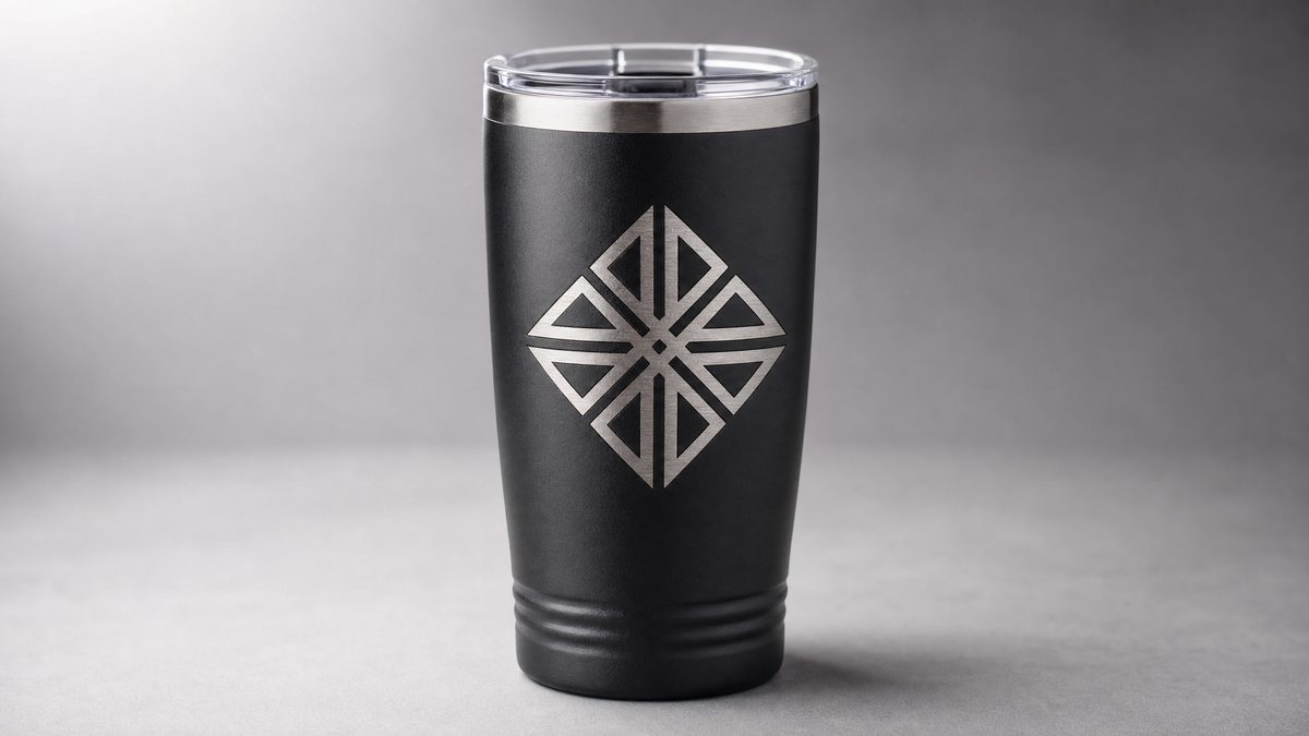Termo negro con un logotipo grabado a láser en plata sobre el recubrimiento